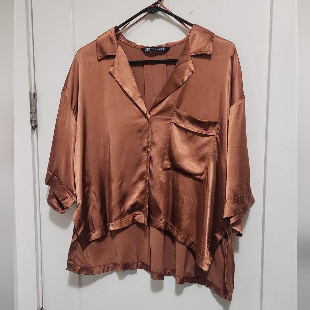 Zara Copper Metallic Silky Oversize Cropped shirt blouse size xs